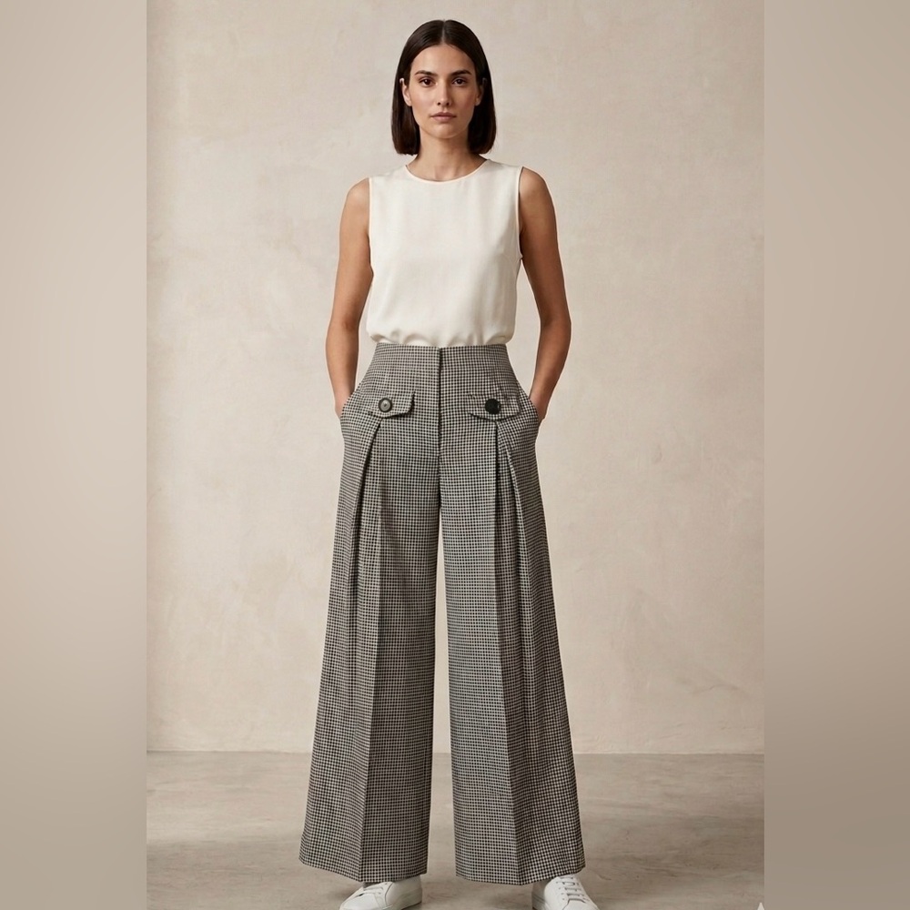 Ikito Paris High-Waist Wide Leg houndstooth Pants - white/Black size 40/ US 8